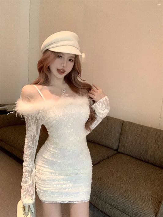 Mini Dresses Lace Patchwork Furry Slim Sweet Wedding Party Cocktail Evening Dress Birthday