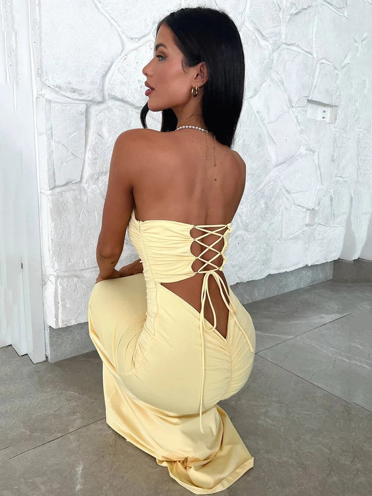Strapless Backless Lace-up Maxi Dress for Summer New Off-shoulder Sleeveless Bodycon Club Party Long Dress