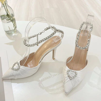 Crystal Buckle Strap Pointed Toe Pumps Prom Thin Heels Sandals Mule Party Shoes
