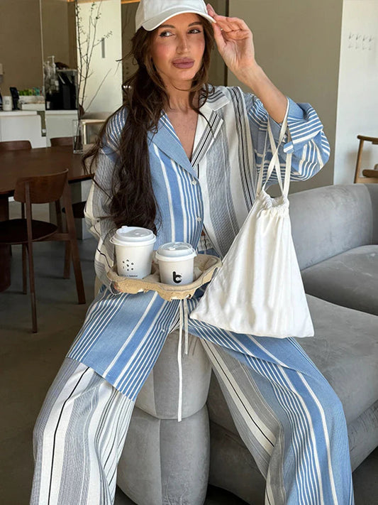 Stripe Loose Top Set Wide Leg High Waist Lady Pants Sets Contrasted Long Sleeve Turn-down Collar Female Suit
