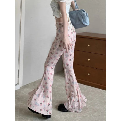 Summer Korean Retro High Street Print Laceup Waist Trousers Flare Pants