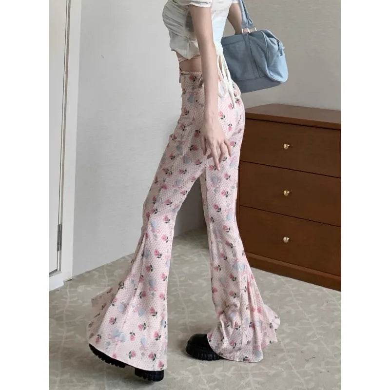 Summer Korean Retro High Street Print Laceup Waist Trousers Flare Pants