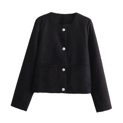 Autumn Patchwork Cardigan Sweater Scoop Neck for Pocket High Waist Outwear Female Coat