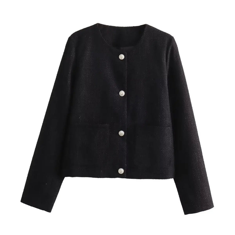 Autumn Patchwork Cardigan Sweater Scoop Neck for Pocket High Waist Outwear Female Coat