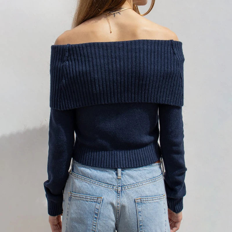 Color Off Shoulder Sweater Minimalism Long Sleeve Knitted Jumper Winter Pullovers Street
