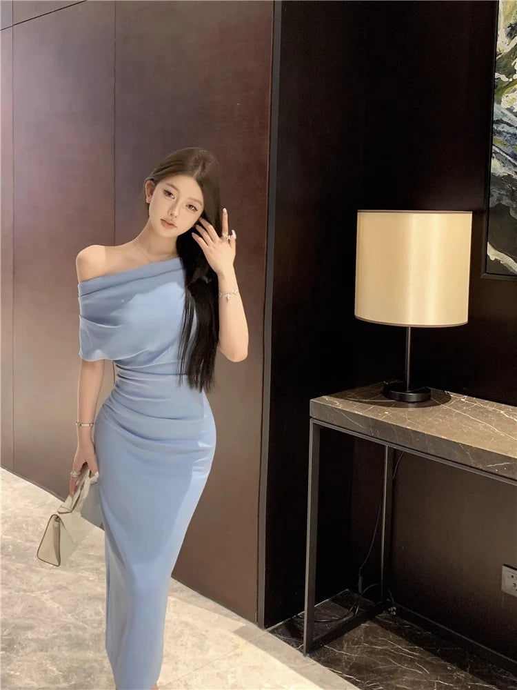 Skew Collar Long Dresses Spring Summer Vestidos Mujer Korean Bodycon Dress