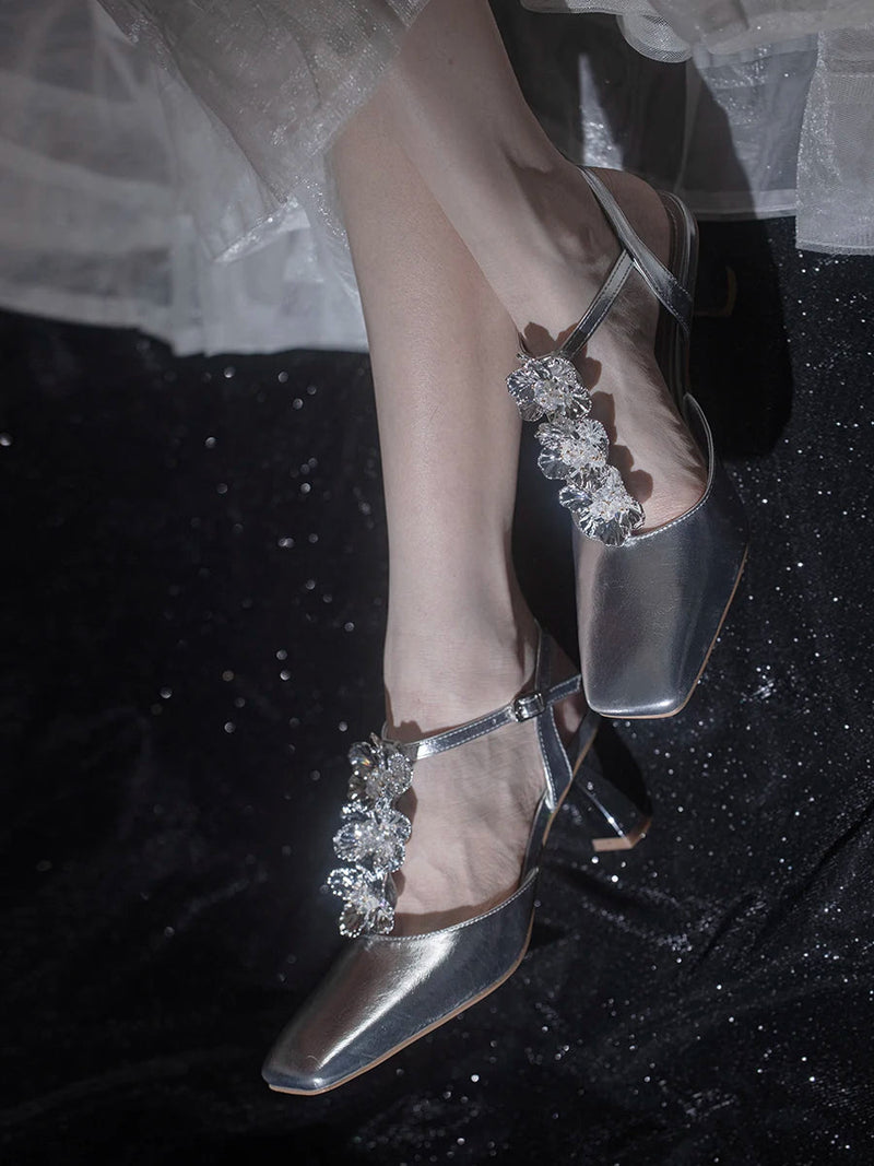 Summer Flower Sandals Sliver Shiny Leather Square Toe Ankle Straps High Heels T Strap Rose Dress Shoes