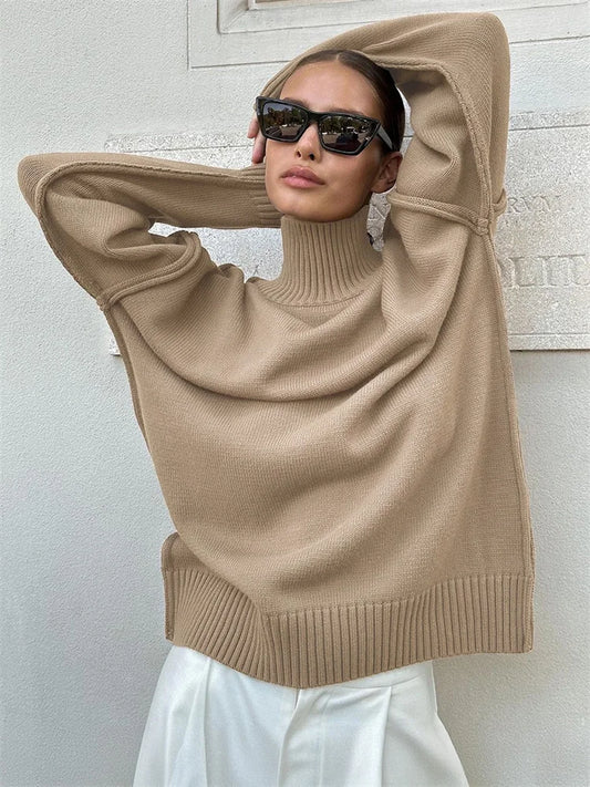 Winter Knit Turtleneck Pullover Female Clothes Loose Ribbed Patchwork Long Sleeve Oversized Sweater Knitwear