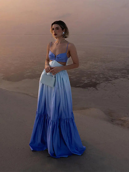 Pleated Hollow Out Long Dress for Patchwork Sleeveless Backless Dresses Vacation Lady Evening Party Robe