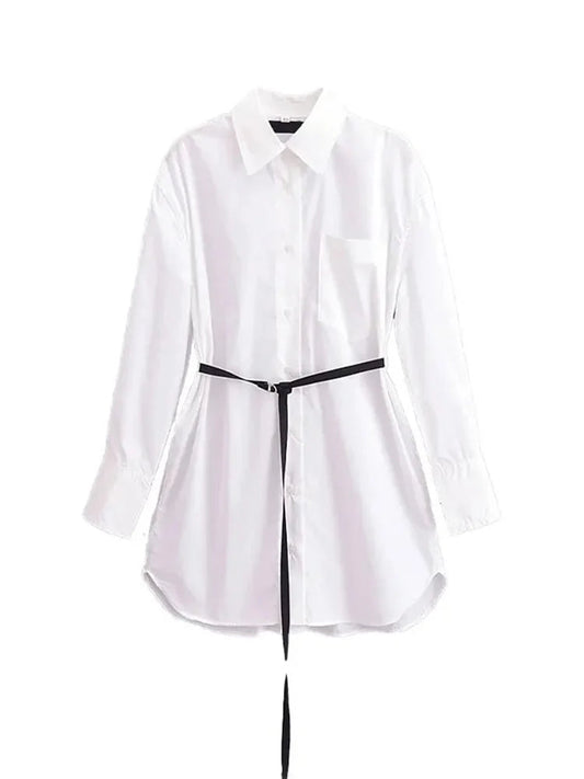 Spring Loose Blouses With Belt White Long Sleeves Shirt Top Buttons Female Lapel Shirt
