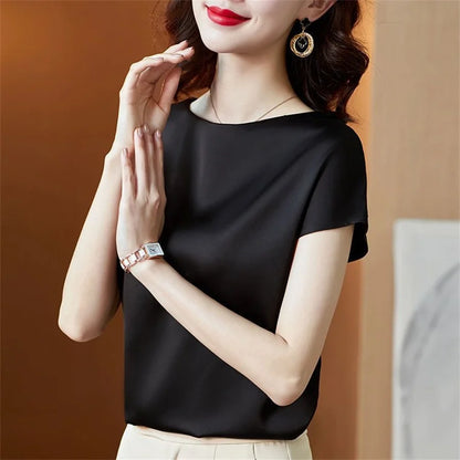Office Lady Tops Summer Short Sleeve O-neck Blouses Satin Blouse Shirts Simple Loose Shirt Blusas Df4904