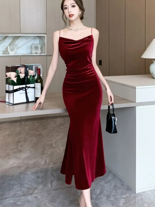 Split Velvet Midi Dresses Summer French Spaghetti Strap Wedding Party Female Clothing