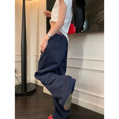 American Contrast Color Patchwork Loose Wide Leg Pants Autumn New High Waist Laceup Letters Embroidered Pants