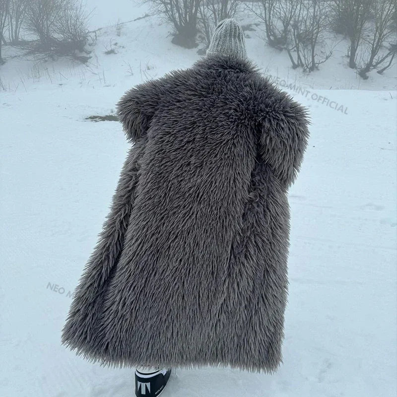 Extra Long Lamb Fur Teddy Coat Winter Mob Wife Style Oversized Chunky Faux Fur Jacket Overcoat