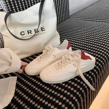 Spring New Versatile Breathable Shoes Classic Color Round Toe Soft Leather White Flat Sneakers
