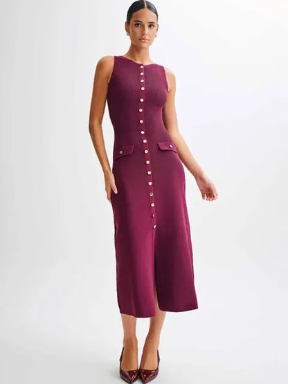 Knit Ribbed Long Dress for Slim Sleeveless Patchwork High Waist Pocket Dress ’s Maxi Dress