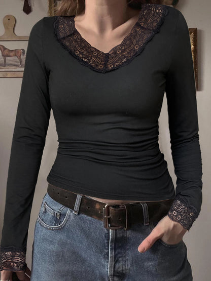 Sweet Lace Trim V-neck ��s Top Long Sleeve Balletcore Slim Autumn New T-shirt All-match Basic
