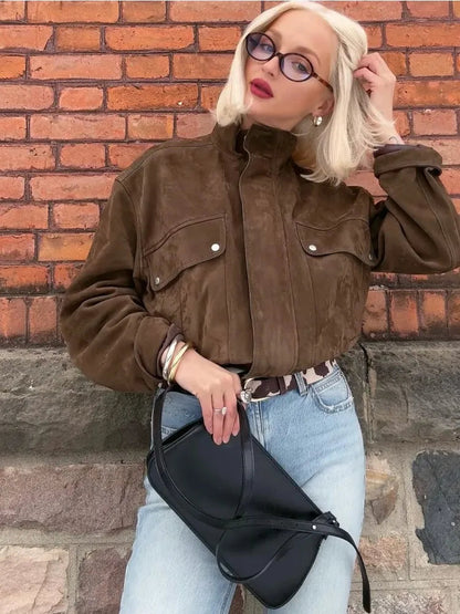 Zipper Suede Cargo Jacket Coat Button Lapel Maillard Slimming Workwear Leather Jackets Short Outwear Commute Overcoat