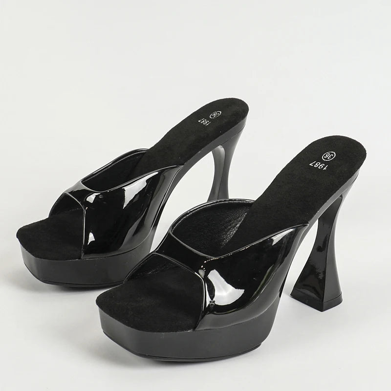 Designer Patent Leather Slipper Square Toe Platform Shoes Summer Wedding Party Female Sandals