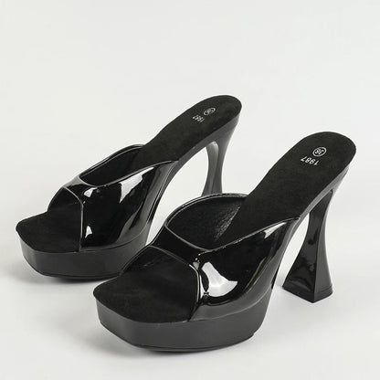 Designer Patent Leather Slipper Square Toe Platform Shoes Summer Wedding Party Female Sandals