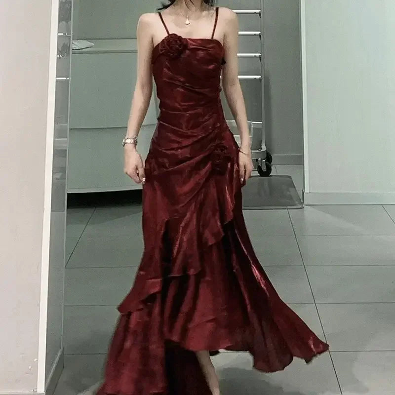 Korean Velvet Long Dress Slim Mermaid Spaghetti Strap Dress Evening Party Dress