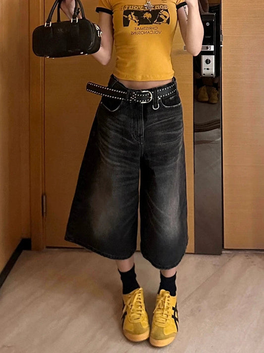 Black Calflength Shorts Jeans Oversize Wide Leg Denim Pants Y2k Causal Do Old Summer Bottoms