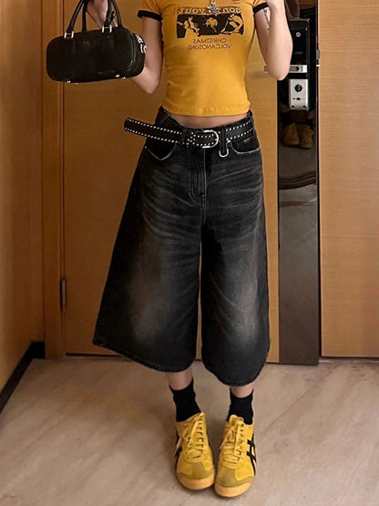 Black Calflength Shorts Jeans Oversize Wide Leg Denim Pants Y2k Causal Do Old Summer Bottoms