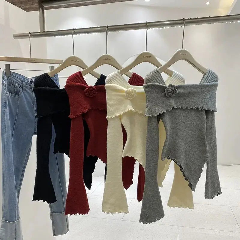 Sweet Hot Girl Threedimensional Flower Knitted Sweater for Autumn Off Shoulder Slim Fit Base Sweater Female Clothes