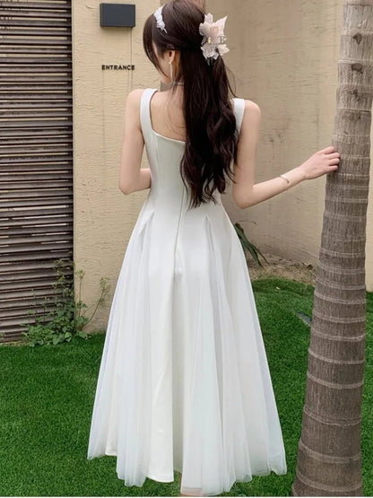 Summer Spring Fairy Dresses Mesh Patchwork Square Collar Sleeveless Evening Party Midi Dress Female Vestidos Robe