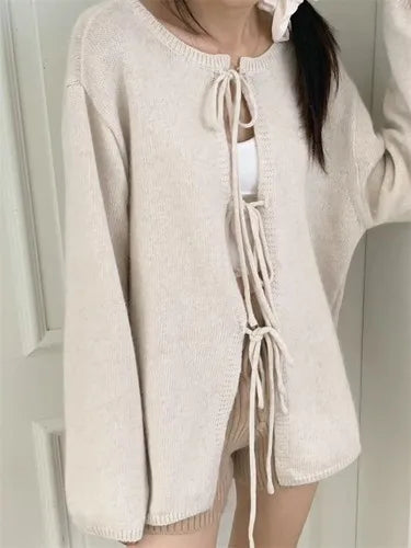 Autumn for Crop Tops Korean Retro High Street Hollow Out Bandage Sweater Cardigan Knit Jacket Tops