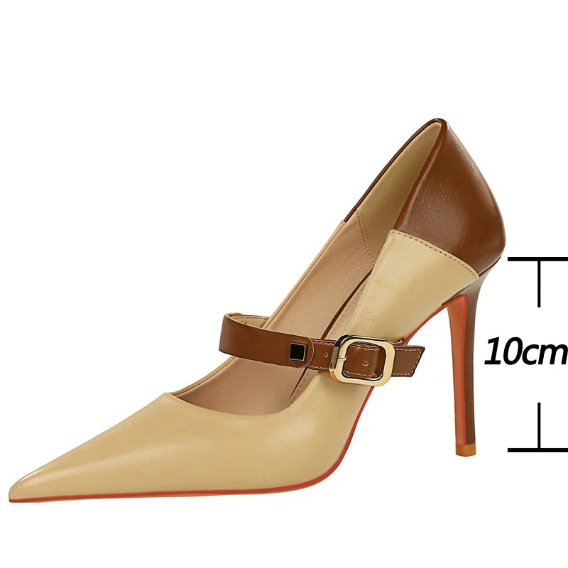 Retro Pumps Mixed Colors High Heels Stilettos Pu Leather Shoes Metal Buckle Heels Office Shoes Large Size 43