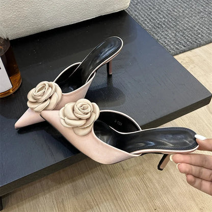 Designer Flower Pointed Toe Pumps Shallow Thin High Heels Shoes Slide Mule Slippers