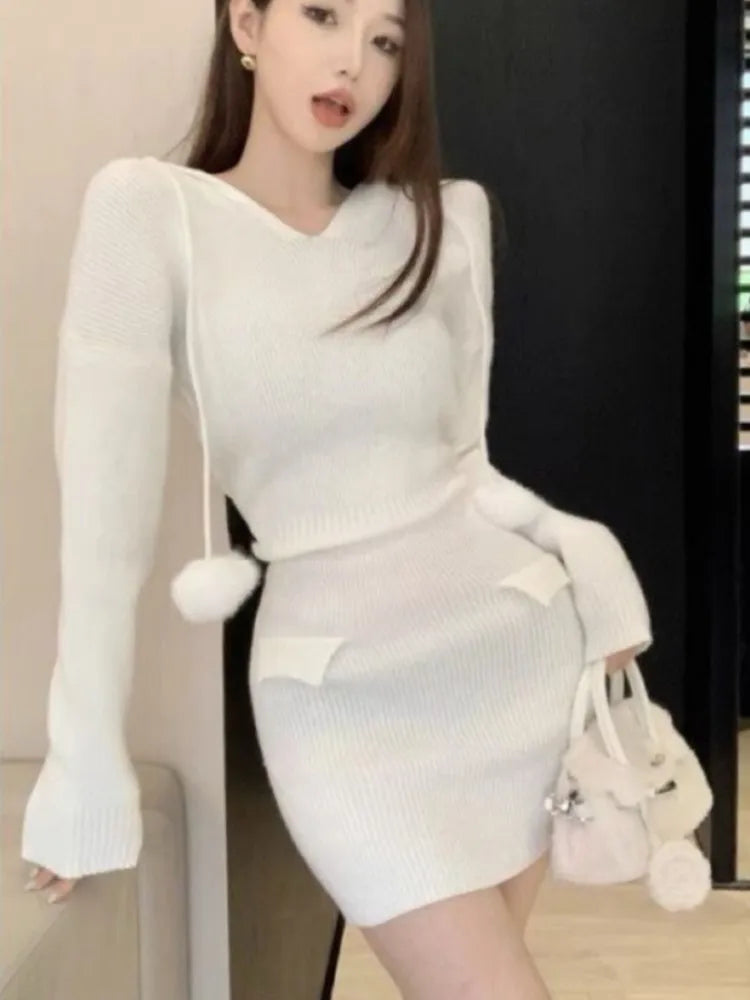 Autumn ’s Knitted Dresses for Hoodies V-neck Long Sleeve Bodycon Short Dress Korean Vestidos Mujer New