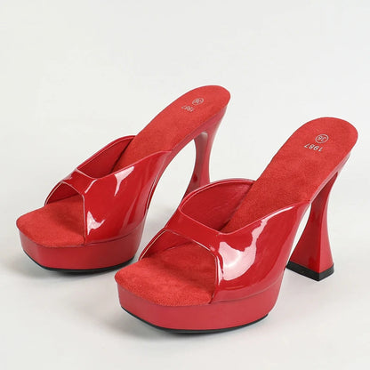 Designer Patent Leather Slipper Square Toe Platform Shoes Summer Wedding Party Female Sandals