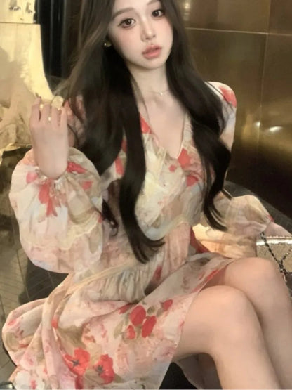 French Printed Mini Dress Autumn Vneck Lantern Sleeve Party Dress Lace Slim Waist Aline Vestidos Largos