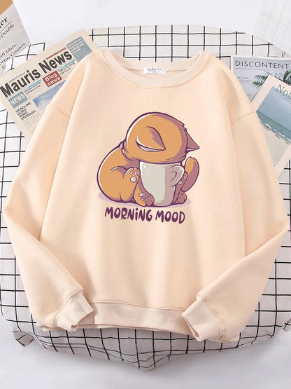 Cat Is Looking at the Cup Sweatshirt Female Fleece Hoody Crewneck Hoodies Pullover Oversize Sportswear