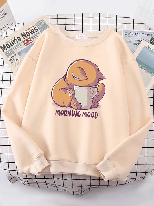 Cat Is Looking at the Cup Sweatshirt Female Fleece Hoody Crewneck Hoodies Pullover Oversize Sportswear