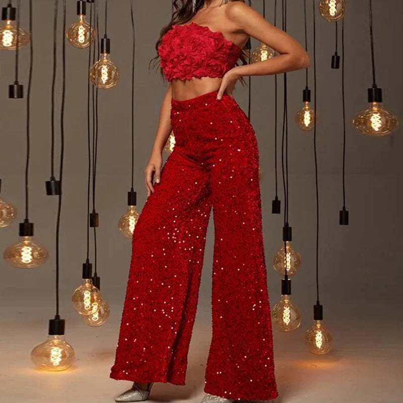 Glitter Sequins Shiny Club Party Pants Spring High Waisted Trouses Autumn Straight Flaredpants Harajuku