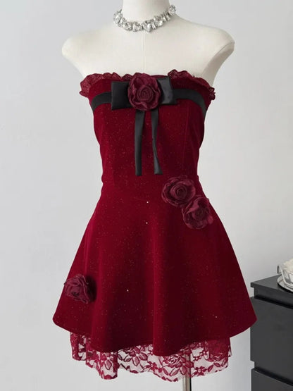 Y2k Sweet Mini Dress for Strapless Slash Neck Lace Patchwork Princess Party Dresses French Short Vestidos