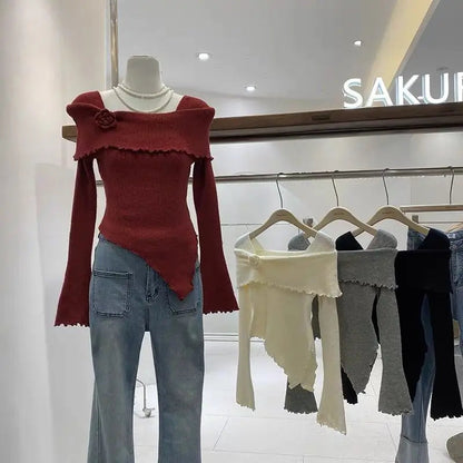 Sweet Hot Girl Threedimensional Flower Knitted Sweater for Autumn Off Shoulder Slim Fit Base Sweater Female Clothes