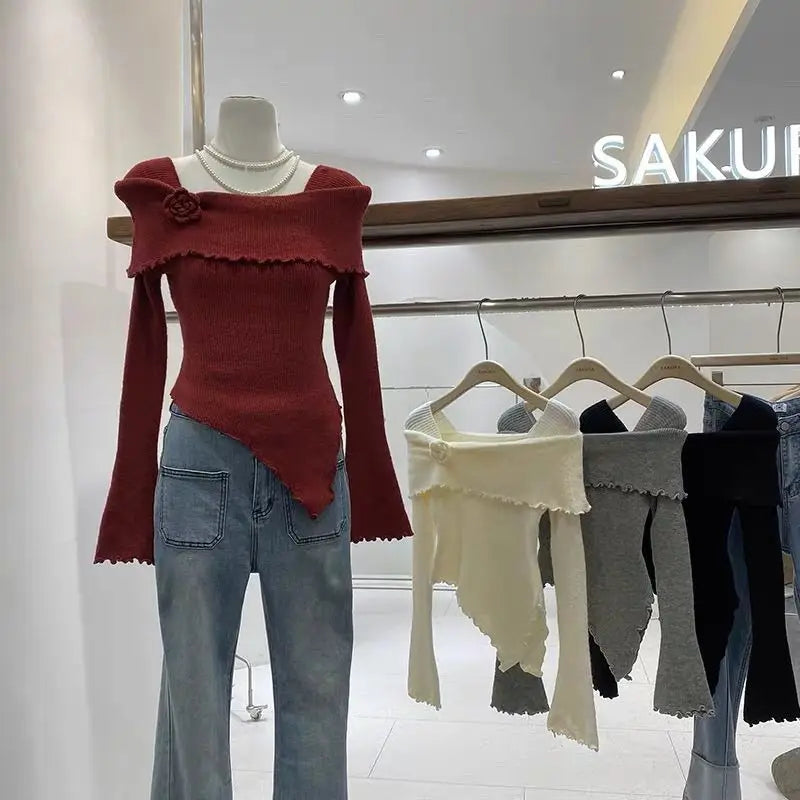 Sweet Hot Girl Threedimensional Flower Knitted Sweater for Autumn Off Shoulder Slim Fit Base Sweater Female Clothes