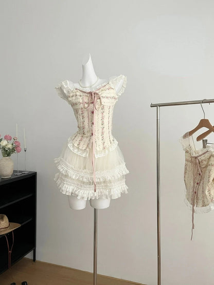 2000s Japanese Kawaii Suits Lolita 2 Piece Skirt Set Even Party Clothing Y2k Crop Top Blouse + Slim Skirts