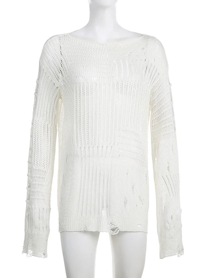 Ripped Full Length Pullovers Knitting Loose Beggar Style Hollow Out Lady T-shirt Harajuku Y2k