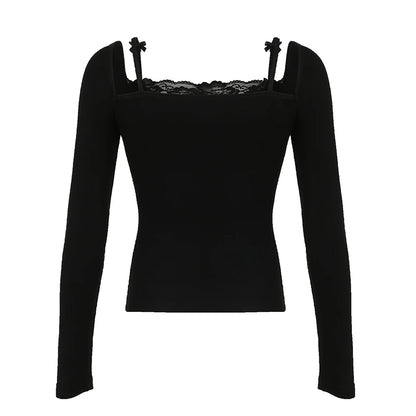 Sweet Lace Trim Fake 2 Piece ��s T-shirts Long Sleeve Autumn Gentle Clothes