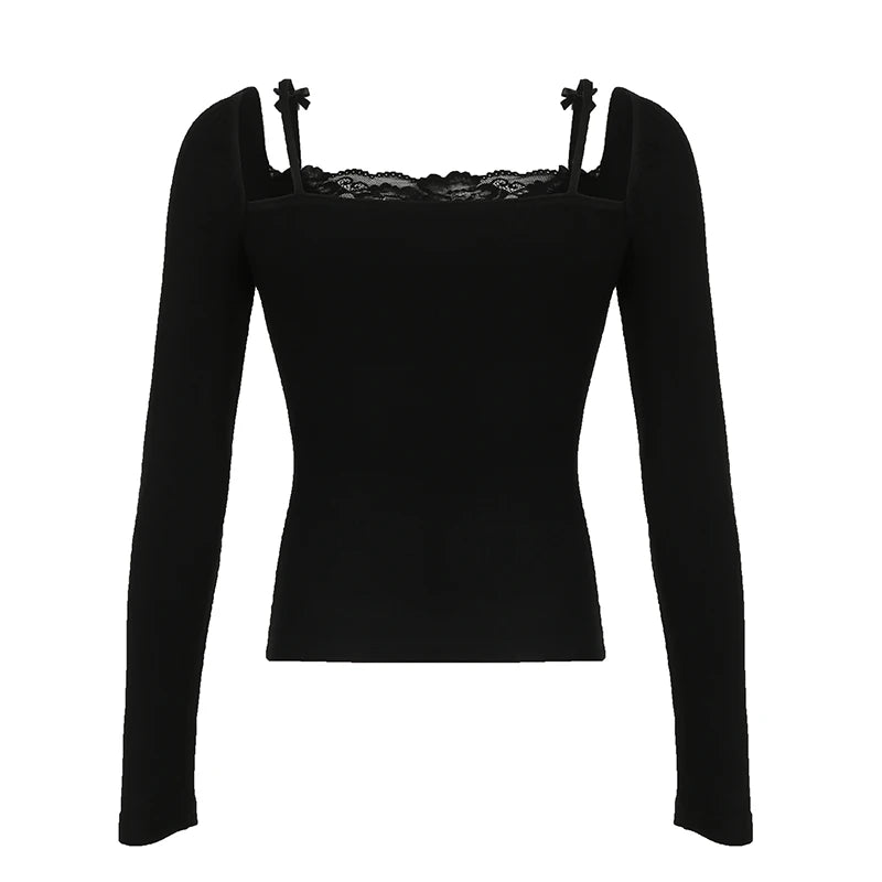 Sweet Lace Trim Fake 2 Piece ��s T-shirts Long Sleeve Autumn Gentle Clothes