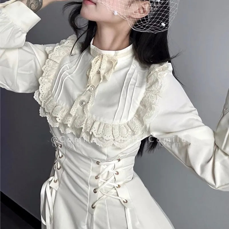 Japanese Style Kawaii Lace-up Midi Dresses Princess Party Dress Long Sleeve O-neck High Waist Y2k Gothic Vestidos Mujer