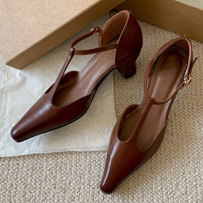 Cow Leather Kitten Heel Pointed Toe Tstrap Pumps Retro Gradient Color Evening Dress Sandals Shoes Woman