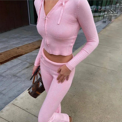 New Slim Knitted Two Piece Sets Zipper Short Coat + Long Pants Suits Gentle High Street Outfits