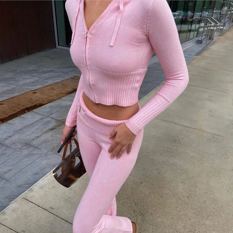 New Slim Knitted Two Piece Sets Zipper Short Coat + Long Pants Suits Gentle High Street Outfits