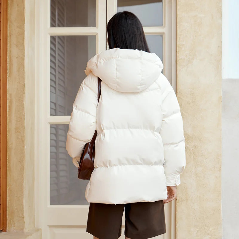 Down Jacket Mid-length Loose Raglan Sleeve Simple Warm Winter Three-defense Hooded Coat